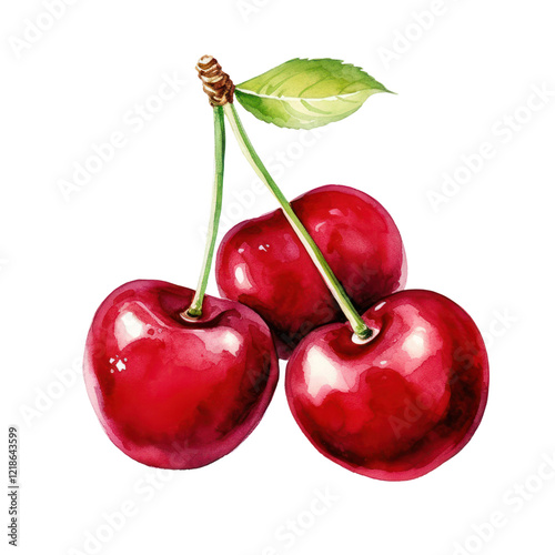 Watercolor cherry fruit on a transparent background, bright red hues and shiny details that convey sweetness and freshness.