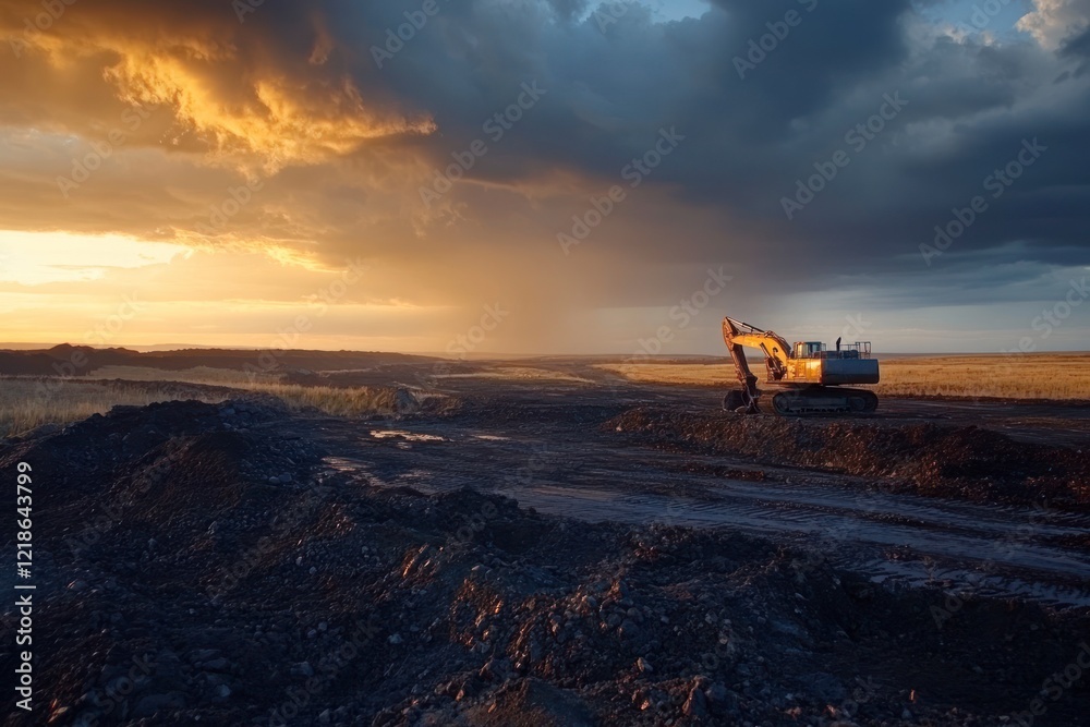 Fototapeta premium Excavator at Sunset Dramatic Landscape Construction Site