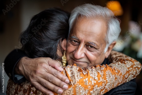 Emotional reunion between two individuals in traditional attire during a family gathering in the evening