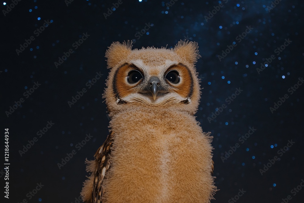 Fototapeta premium Cute owl chick perched against a starry night sky in a natural setting displaying its fluffy feathers and big eyes
