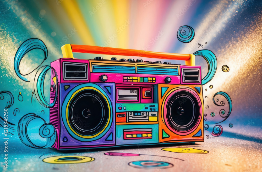 Fototapeta premium Bright, dreamy illustration photo with hand painted boombox on background shimmering with textured gradients.