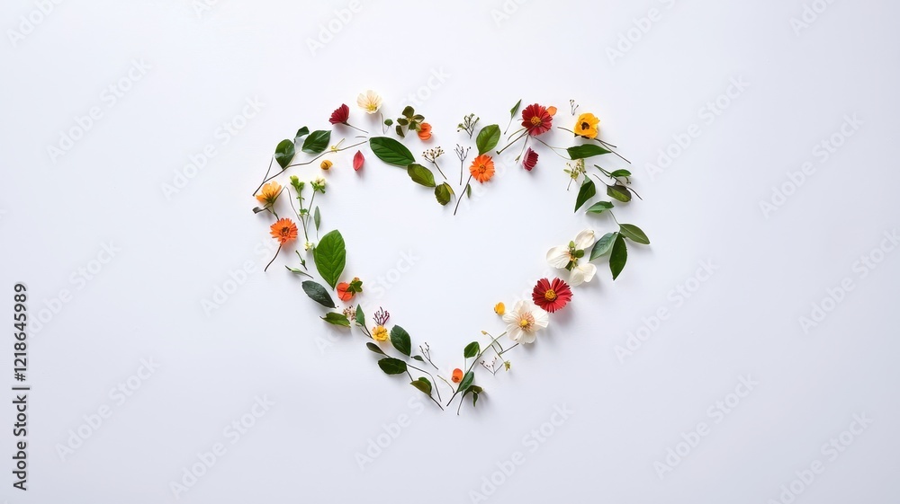 A heart shape created from colorful flowers and green leaves on a white background, symbolizing love and nature. A heart shape created from colorful flowers and green leaves on a white background, symbolizing love and nature.