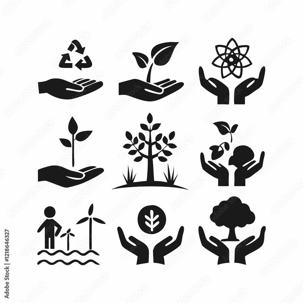 A collection of black and white icons representing various aspects of sustainable living, such as recycling, plant growth, and environmental protection. A collection of black and white icons representing various aspects of sustainable living, such as recycling, plant growth, and environmental protection.