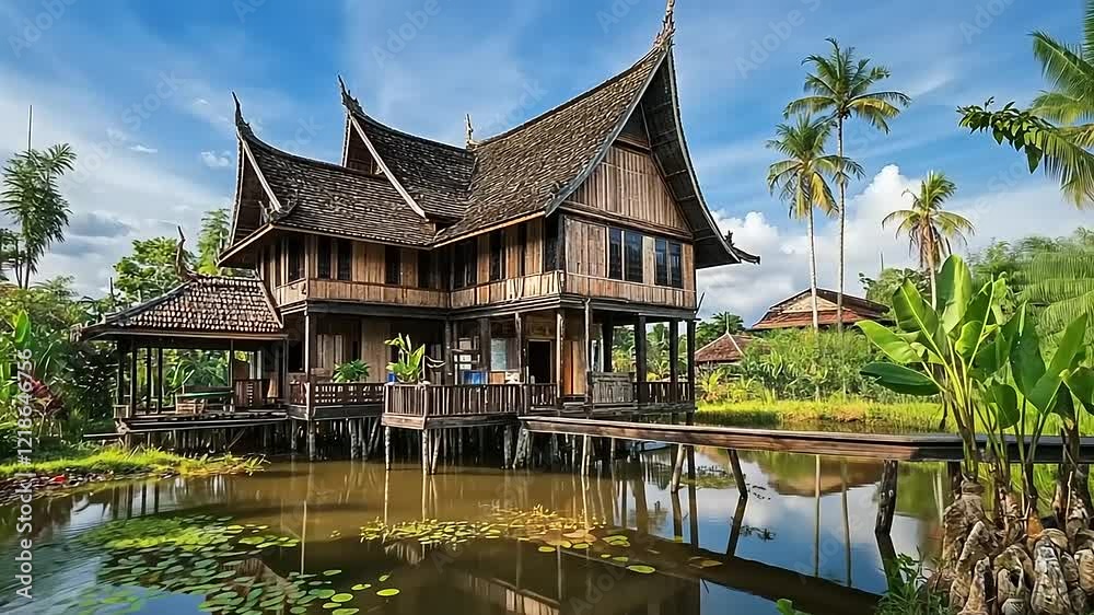 Traditional Southeast Asian Stilt House on a Calm Pond, Lush Tropical Setting Traditional Southeast Asian Stilt House on a Calm Pond, Lush Tropical Setting