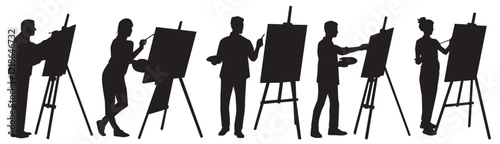 set of artist painting on canvas in isolated white background.
