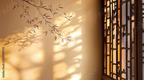 An intricate antique bamboo screen with ornate designs, casting delicate shadows on a neutral background
