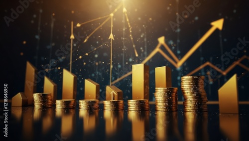 An abstract composition showcasing digital golden coins and bold growth arrows