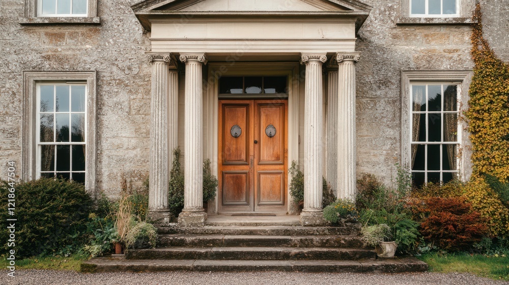 A Stately Stone Manor House With A Classic Wooden Door, Flanked By Pillars, Sits Serenely Amidst Autumnal Foliage. The Scene Evokes A Sense Of Quiet Grandeur And Timeless Elegance. A Stately Stone Manor House With A Classic Wooden Door, Flanked By Pillars, Sits Serenely Amidst Autumnal Foliage. The Scene Evokes A Sense Of Quiet Grandeur And Timeless Elegance.