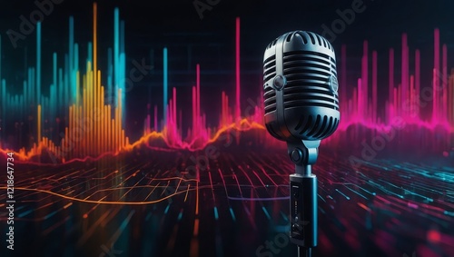 An abstract digital design showcasing a waveform pattern with sound frequencies in vibrant colors