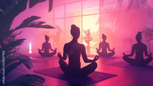 Women meditating in a peaceful yoga studio at sunset.