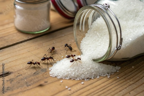 Ant crawl on spilled sugar from jar. Pest in kitchen