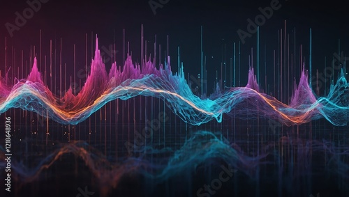 An abstract illustration of a soundwave, with flowing line wave frequencies, accompanied by a podcast