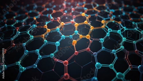  An abstract illustration of hexagonal molecular structures, interconnected with digital lines
