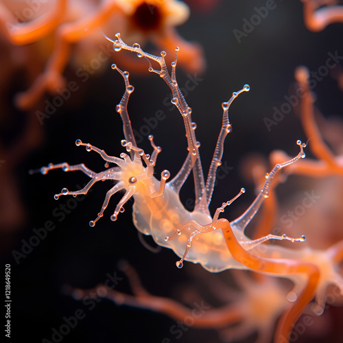 Hydra is a genus of small, fresh-water animals of the phylum Cnidaria and class Hydrozoa under the microscope for education. photo