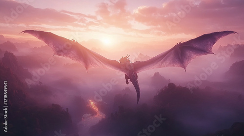 Flying dragon over a misty valley