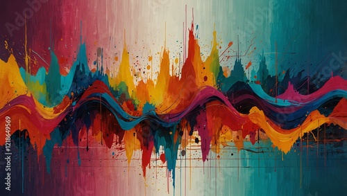An abstract piece of art featuring overlapping soundwaves, resembling music vibrations in vibrant tones