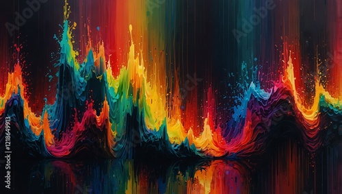 An abstract piece of art featuring overlapping soundwaves, resembling music vibrations in vibrant tones