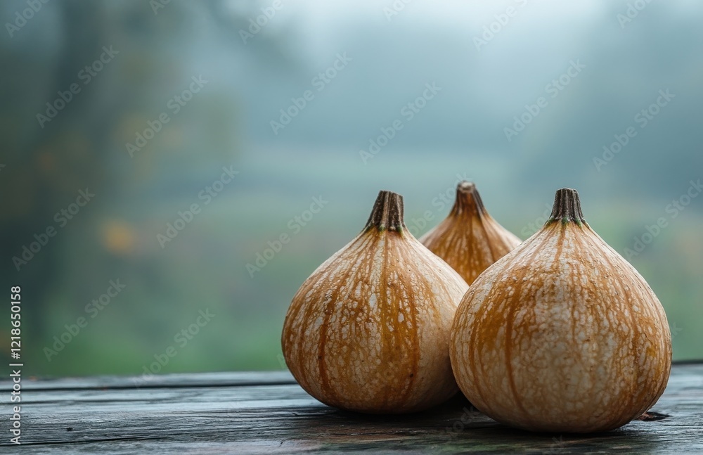 Obraz premium Three Unique Pumpkins Positioned on a Wooden Table Surrounded by a Soft Fog in a Gentle Autumn Landscape, Creating a Mysterious and Inviting Atmosphere