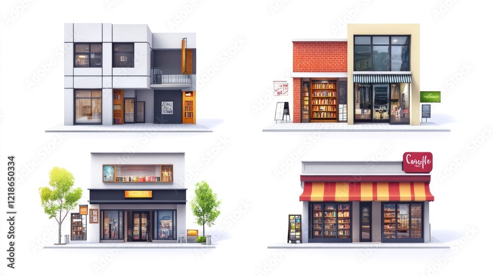 Four different bookstore building designs showcasing various architectural styles and aesthetics Four different bookstore building designs showcasing various architectural styles and aesthetics