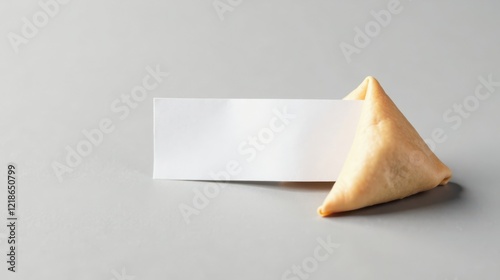 A crispy, golden fortune cookie rests on a neutral surface, its blank message slip promising an exciting reveal