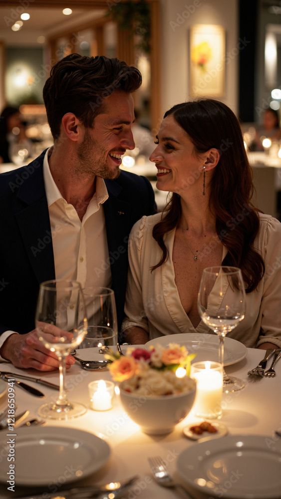 Romantic Fine Dining Scene: Couple Enjoying an Intimate Meal in an Upscale Restaurant, Perfect for Restaurant Ads, Culinary Tourism, and Lifestyle Content Romantic Fine Dining Scene: Couple Enjoying an Intimate Meal in an Upscale Restaurant, Perfect for Restaurant Ads, Culinary Tourism, and Lifestyle Content