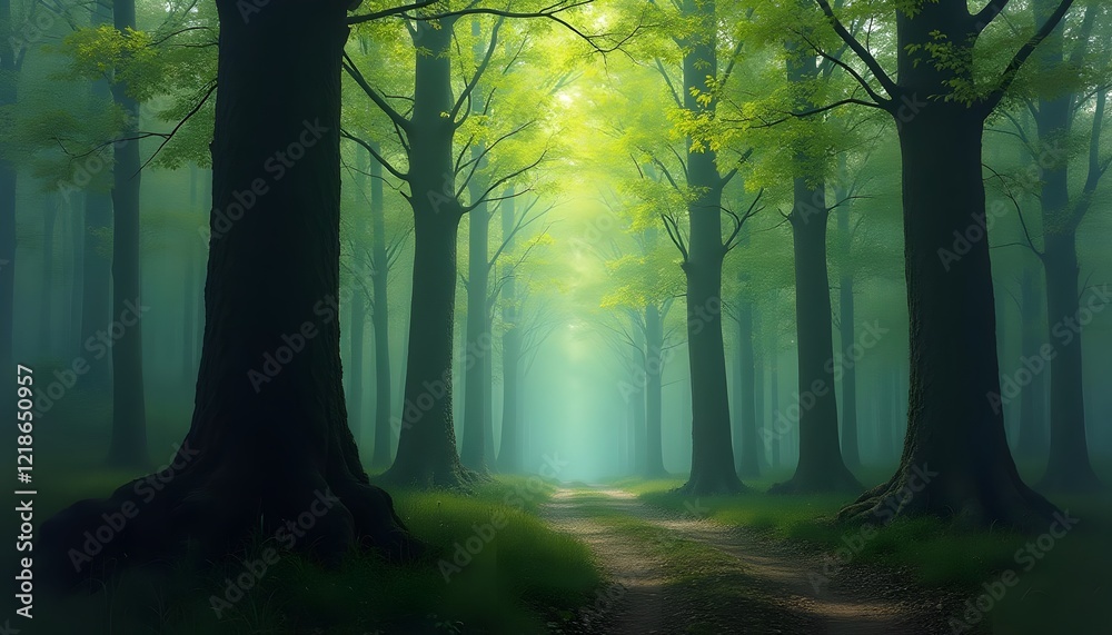 Fototapeta premium Mystical forest path with glowing light through the trees in a foggy landscape