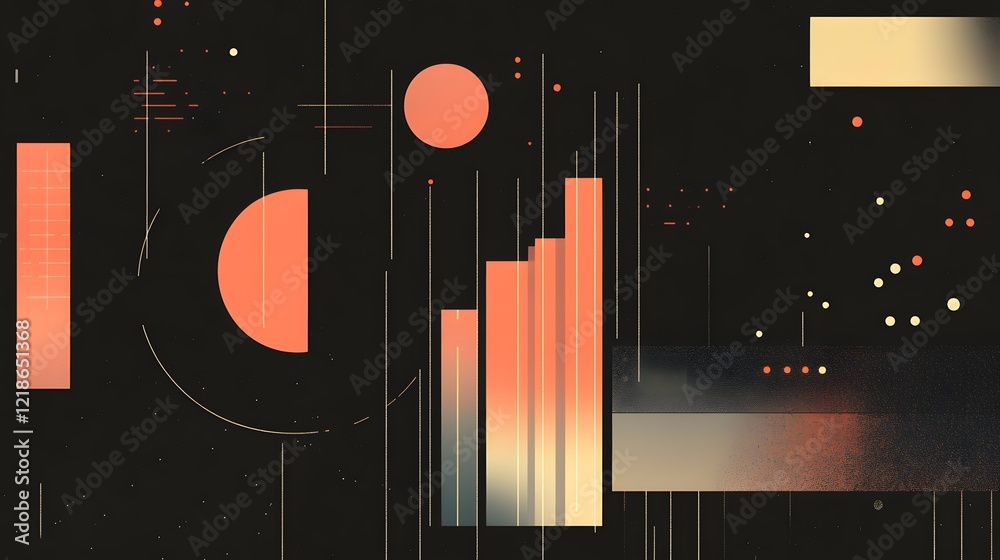 Obraz premium An intriguing abstract composition featuring geometric shapes, including circles and bars, in warm tones against a dark background. Ideal for modern design projects.