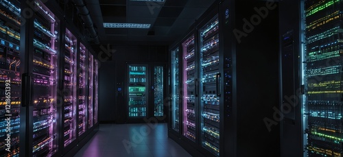 An advanced data center environment featuring vibrant, lit server racks, demonstrating the integration of IoT, cloud computing