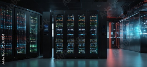 An advanced data center environment featuring vibrant, lit server racks, demonstrating the integration of IoT, cloud computing
