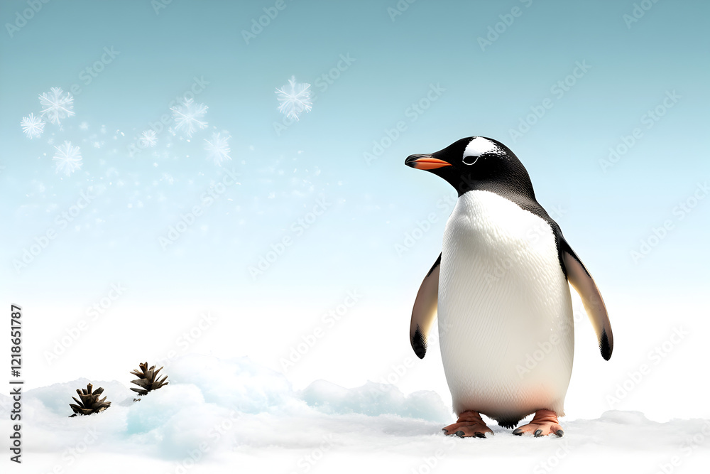 Fototapeta premium A penguin waddling on a patch of ice, with snowflakes swirling around it.