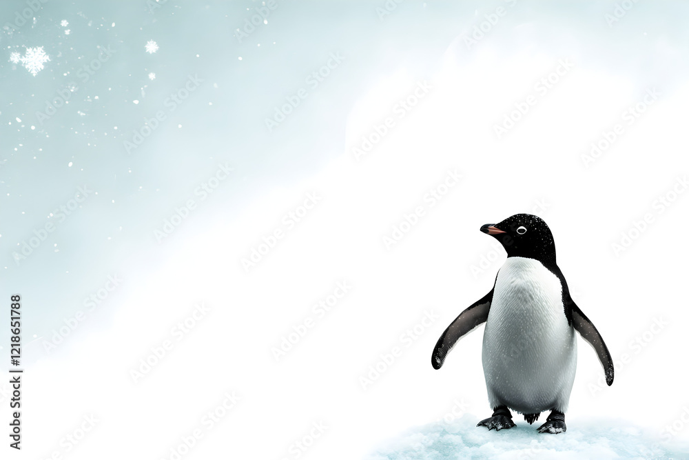 Obraz premium A penguin waddling on a patch of ice, with snowflakes swirling around it.