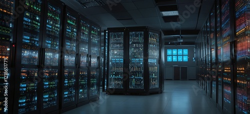 An advanced data center environment featuring vibrant, lit server racks, demonstrating the integration of IoT, cloud computing