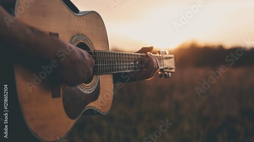 Person playing acoustic guitar at sunset in field. photo