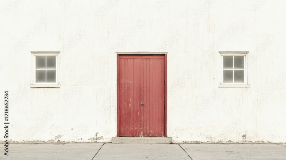 Red door on a whitewashed wall with two small windows. Red door on a whitewashed wall with two small windows.