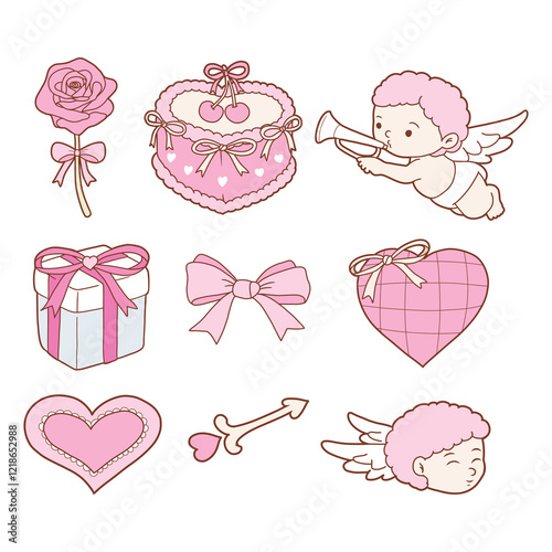 Coquette Valentine s day set decorated with vintage cupid and coquette doodle valentine elements. Hand drawn line art vector illustrations