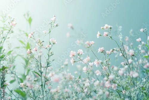 Delicate pink flowers surrounded by soft green foliage in a serene outdoor setting