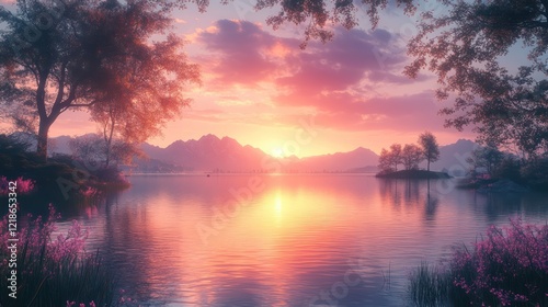 Serene Sunset over Mountain Lake