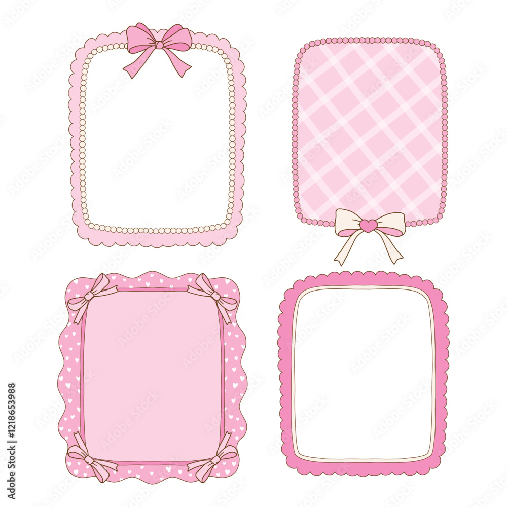 Hand drawn whimsical frames collection in coquette style  graphic set light pink pastel color style A4 card size vector
