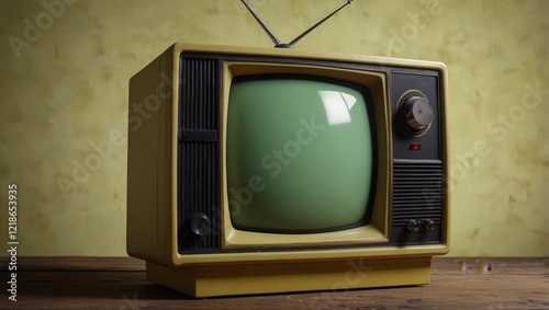 An old-school TV with a light yellow display, captured in close-up, perfect for chroma key customization