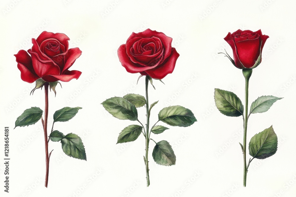 Fototapeta premium red roses with green leaves elegant botanical art