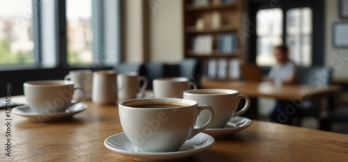 Background from cups of coffee or tea on the table in the office in the background
