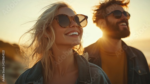 An easygoing, casual snapshot of a happy, stylish couple standing side by side, the woman's sunglasses reflecting the bright, hazy sky and her companion's warm, friendly expression.