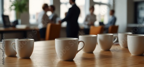 Background from cups of coffee or tea on the table in the office in the background