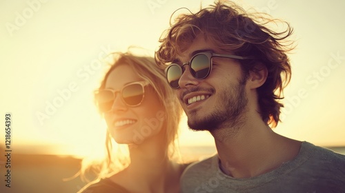 An easygoing, casual snapshot of a happy, stylish couple standing side by side, the woman's sunglasses reflecting the bright, hazy sky and her companion's warm, friendly expression. photo