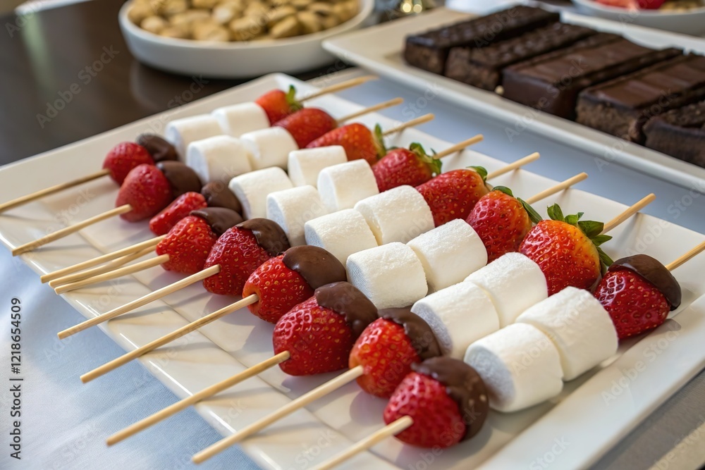 Strawberry and marshmallow skewers with chocolate. Party dessert Strawberry and marshmallow skewers with chocolate. Party dessert
