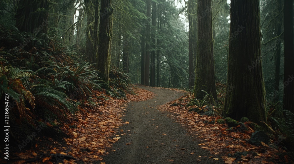 Obraz premium Winding dirt trail cutting through a dense forest with fallen leaves scattered on the ground.