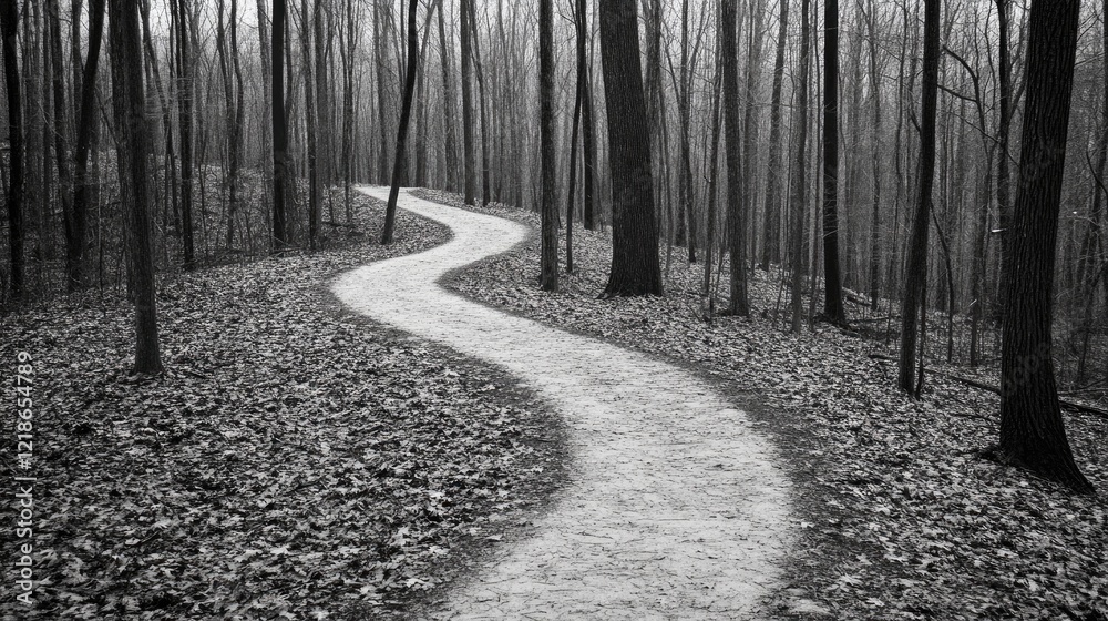 Naklejka premium Winding hiking trail through a dense forest with soft light filtering through leaves.
