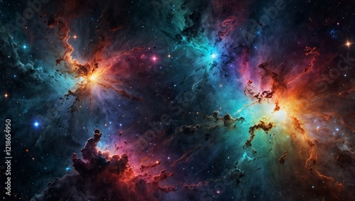 360-degree spherical panorama showing colorful nebulae and sparkling stars