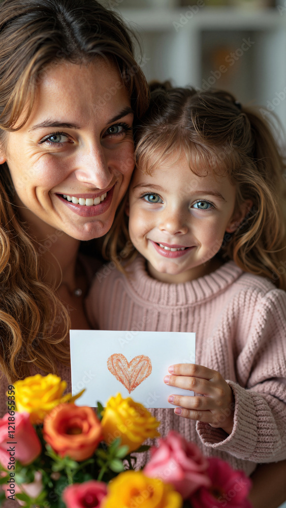 Heartwarming Mother and Daughter Embracing with Flowers and Hand-Drawn Card, Perfect for Mother's Day Promotions, Greeting Cards, and Family-Oriented Advertisements Heartwarming Mother and Daughter Embracing with Flowers and Hand-Drawn Card, Perfect for Mother's Day Promotions, Greeting Cards, and Family-Oriented Advertisements
