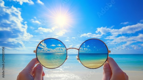 Sun-kissed hand holding trendy circular sunglasses, enabling a view of the calming seascape and radiant sky through the polarized lenses photo